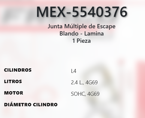 Imagen de MEX-5540376 EMPAQUE MULTIPLE ESCAPE MITSUBICHI GALANT 2.4 L4 SOHC 4G69 16V 04-12