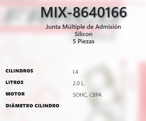 Imagen de MIX-8640166 EMPAQUE MULTIPLE ADMISION VOLKSWAGEN JETTA 2.0L L4 SOHC 8V 11-18