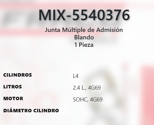 Imagen de MIX-5540376 EMPAQUE MULTIPLE ADMISION MITSUBICHI GALANT 2.4 L4 SOHC 4G69 16V 04-12