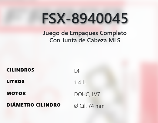 Imagen de FSX-8940045 JUEGO DE EMPAQUES CHEVROLET SPARK 1.4L L4 DOHC 16V 16-20