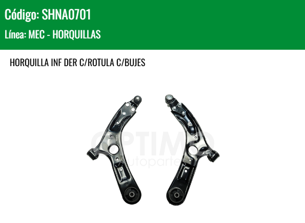 Imagen de SHNA0701 HORQUILLA INFERIOR DERECHA C/ROTULA C/BUJES KIA SOUL 1.6L 2.0L 16-19